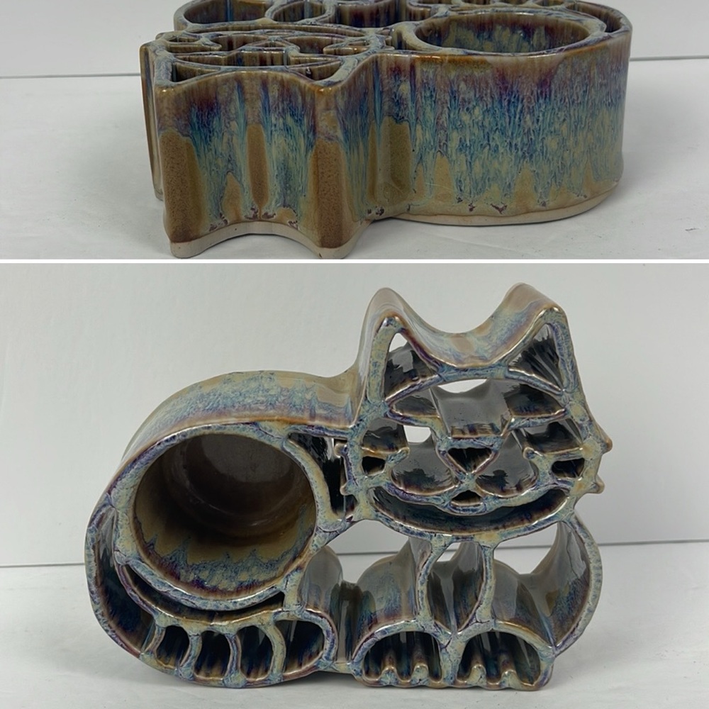 Candle Pots Kitty Cat Blue Brown Drip Glaze Votive Holder Bay Pottery USA MADE